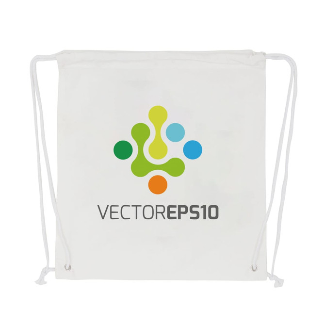 A white drawstring cotton bag featuring a multicoloured logo and two cotton drawstrings.