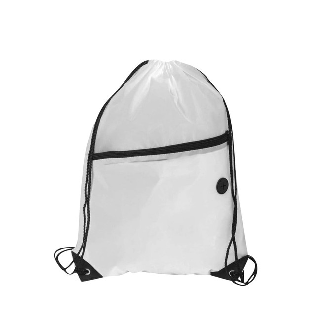 A transparent white polyester drawstring bag with a zippered pocket and black accents. It features a logo.