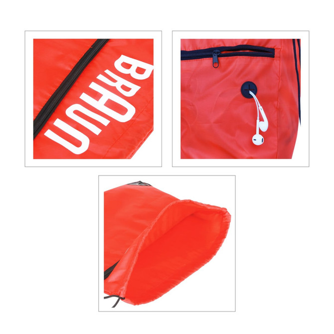 A red polyester drawstring bag features a zippered pocket and a built-in cord for headphones. It has a logo.