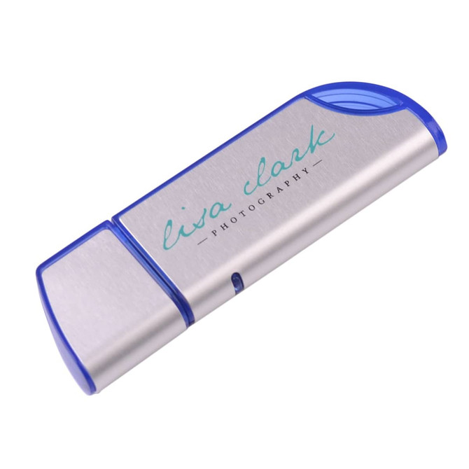 A silver and blue flash drive with rounded edges and a branding logo.