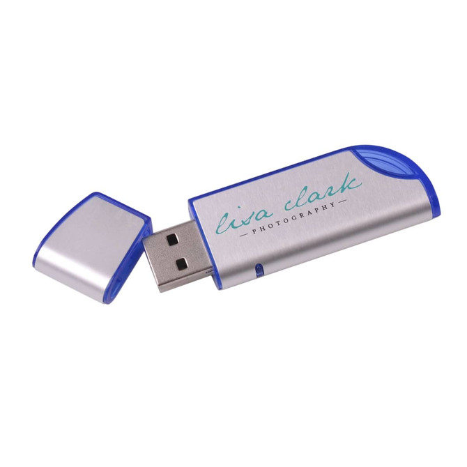 A metallic silver flash drive with a blue cap and a logo.