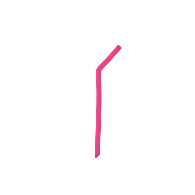 A reusable silicone straw in vibrant pink, featuring a flexible design and a smooth surface.