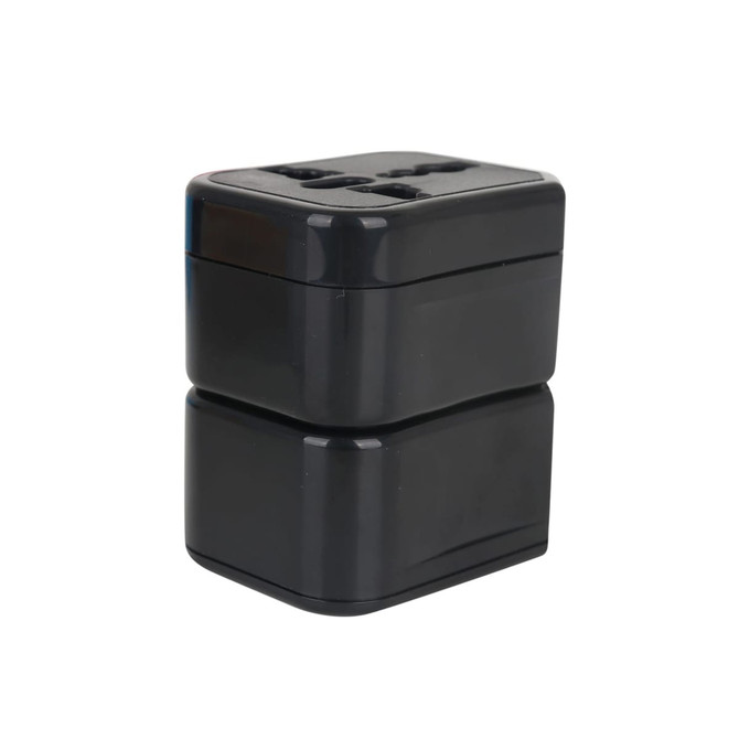A black universal travel adapter kit, featuring multiple plug options stacked together.