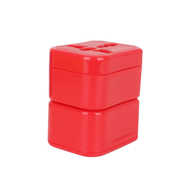 A bright red universal travel adapter kit featuring two stacked compartments and a logo on the top.