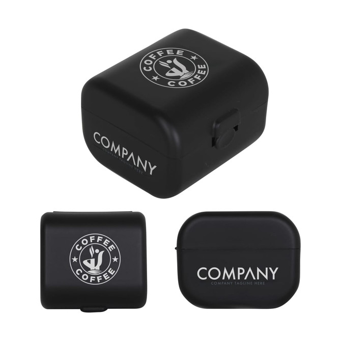 A black travel adapter kit with a rounded design, featuring logos on the front. Includes multiple plug options.
