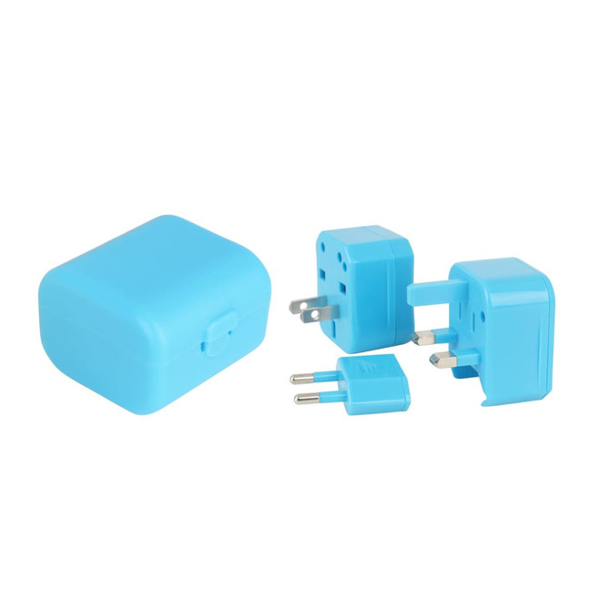 A blue universal travel adapter kit with three different plug types and a matching case.
