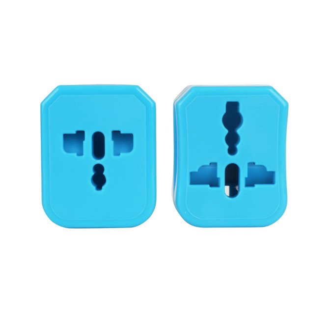 A blue universal travel adapter kit with various plug configurations on both sides.