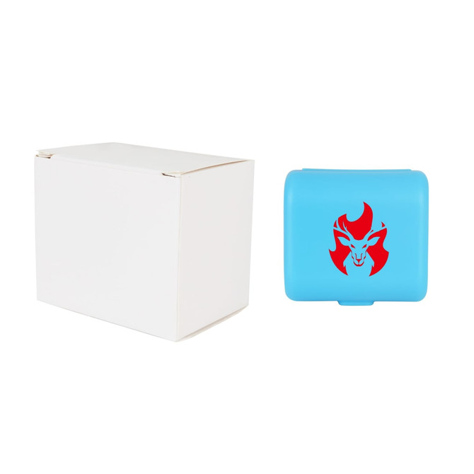 A blue travel adapter kit with a red logo, next to a plain white box.