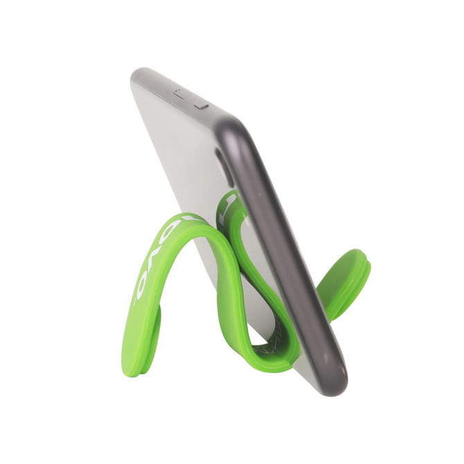 A green silicone magnetic clip holding a smartphone upright, featuring a branded logo.