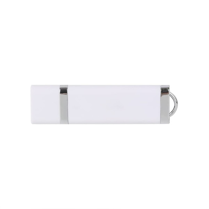 A white flash drive with a sleek design and a silver accent, featuring a small loop for attachment.