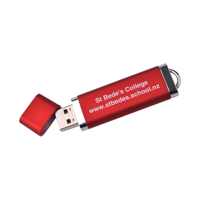 A red flash drive with a metallic finish and a removable cap, featuring a logo and website information.