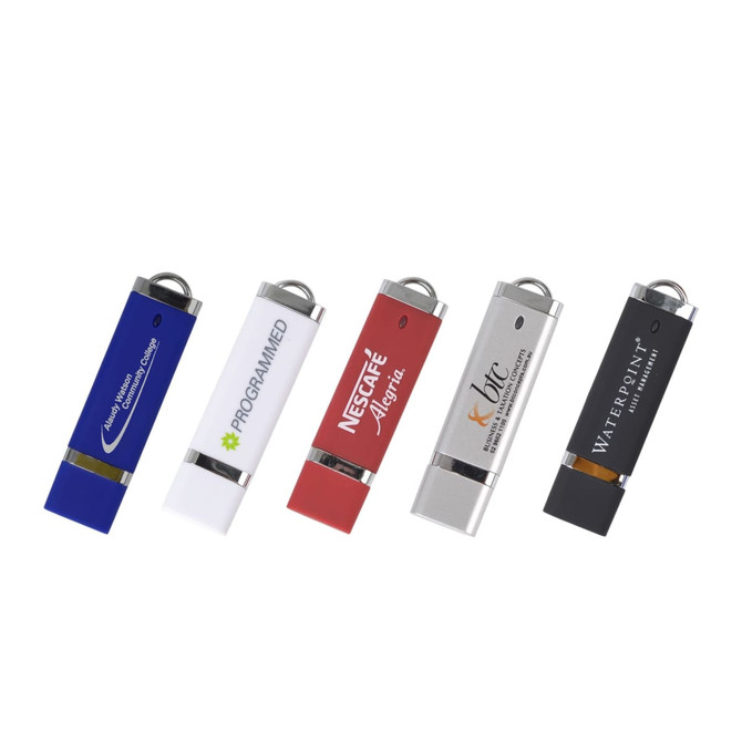 A collection of five flash drives in blue, white, red, silver, and orange, each with a branding logo.