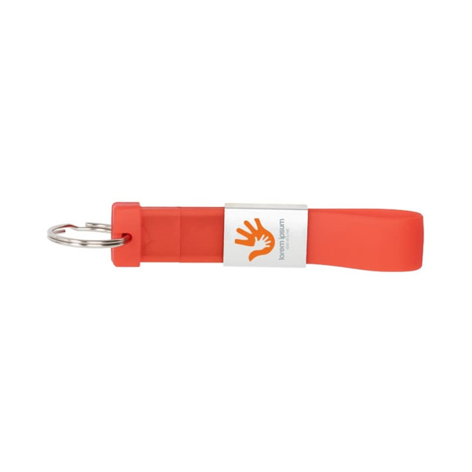 A bright orange silicone tag flash drive with a metal keyring attachment and a logo.
