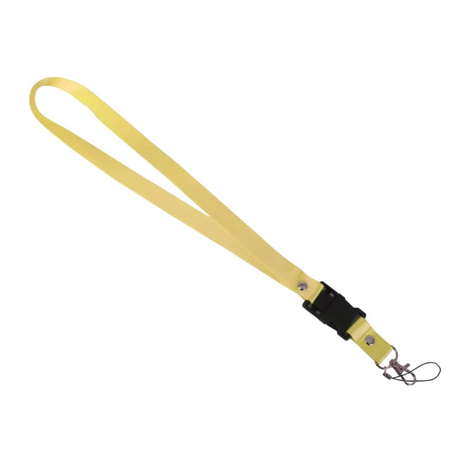 A yellow lanyard with a clip and buckle, designed for holding items like flash drives or ID cards.