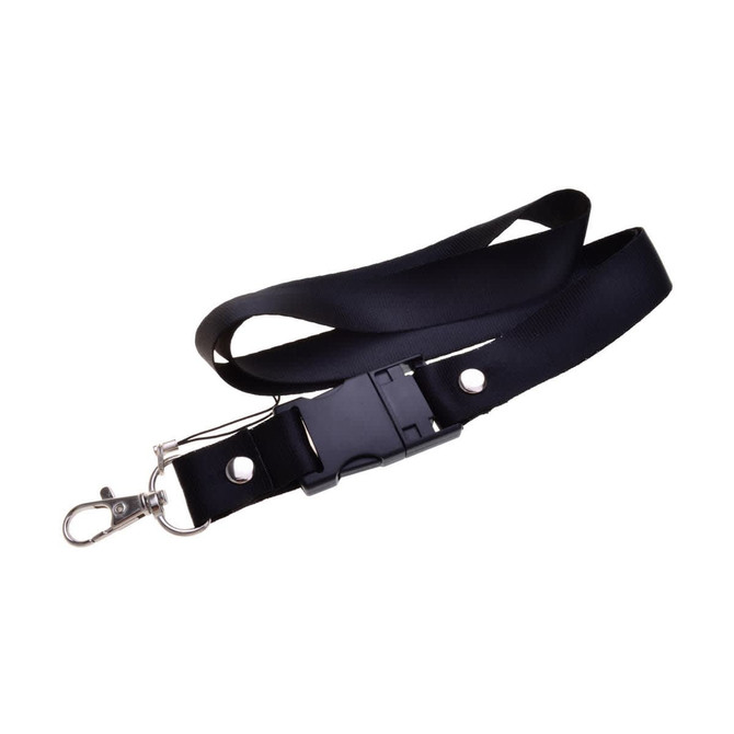 A black lanyard with a clip and buckle, designed to hold a flash drive securely.