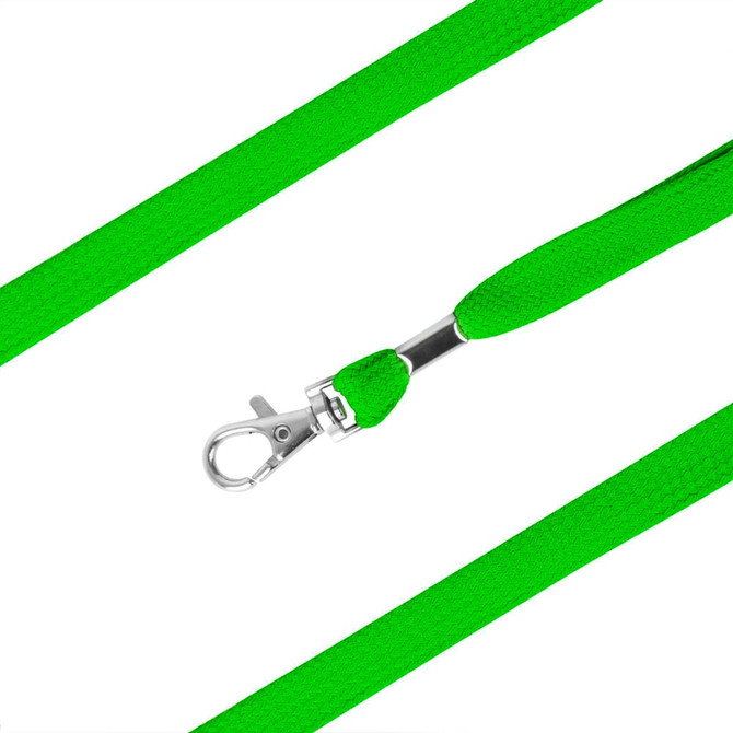 A vibrant green bootlace lanyard with a silver metal clip at one end.