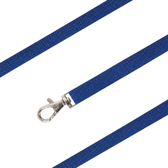 A blue bootlace lanyard with a metal clip at one end, designed for holding items.