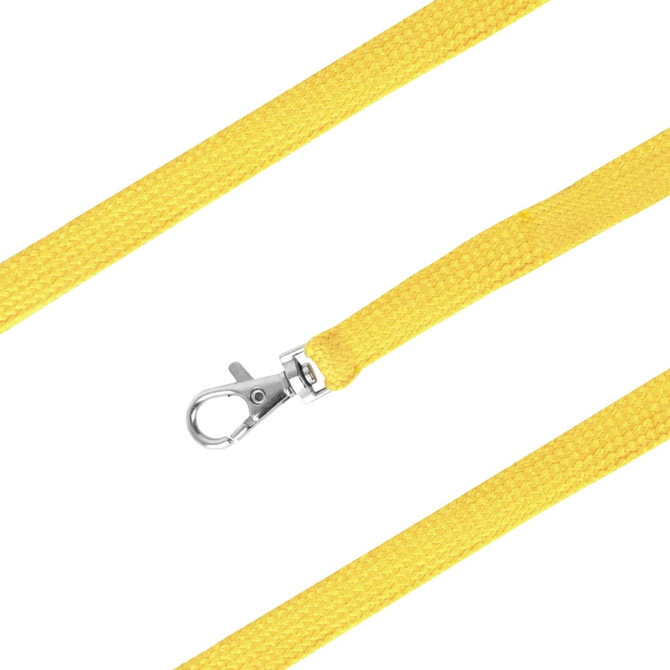 A yellow bootlace lanyard with a silver clip, suitable for holding ID cards or badges.
