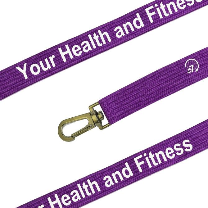 A purple bootlace lanyard featuring a metal clip and branding along the length.