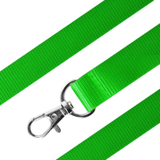 A bright green nylon lanyard featuring a metal clasp for attaching items.