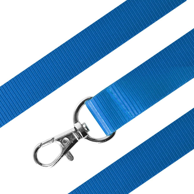 A blue nylon lanyard with a metal clasp attachment. The lanyard features a textured surface.
