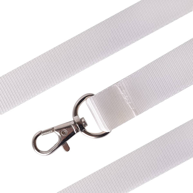 A white nylon lanyard with a silver metal clip. The material features a textured finish and is flat.