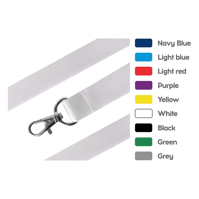 A Nylon lanyard in various colours including navy blue, light blue, light red, purple, yellow, white, black, green, and grey, with a metal clasp.