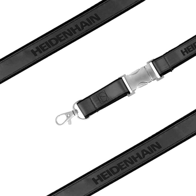 A black poly satin lanyard featuring a logo and a metal clip for attachment.