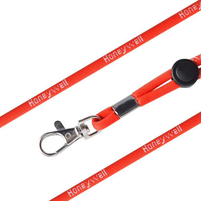 A red poly rope lanyard with a metal clip and a black adjustable stopper, featuring branding along the length.