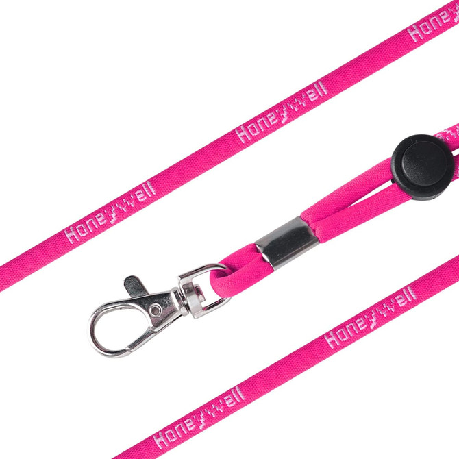 A pink poly rope lanyard with a silver clip and a rubber stop, featuring a branding logo.