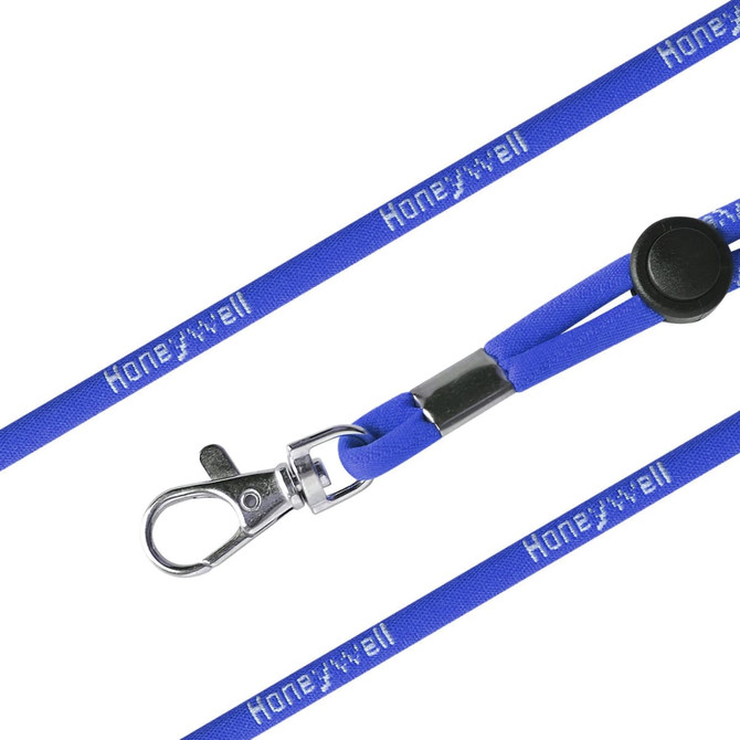A blue poly rope lanyard featuring a metal clip and a branding logo.