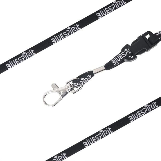 A black poly rope lanyard featuring a clip for attachment and a logo.
