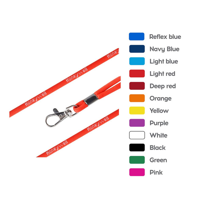 A red poly rope lanyard with a metal clasp, featuring a branding logo and a colour reference guide.