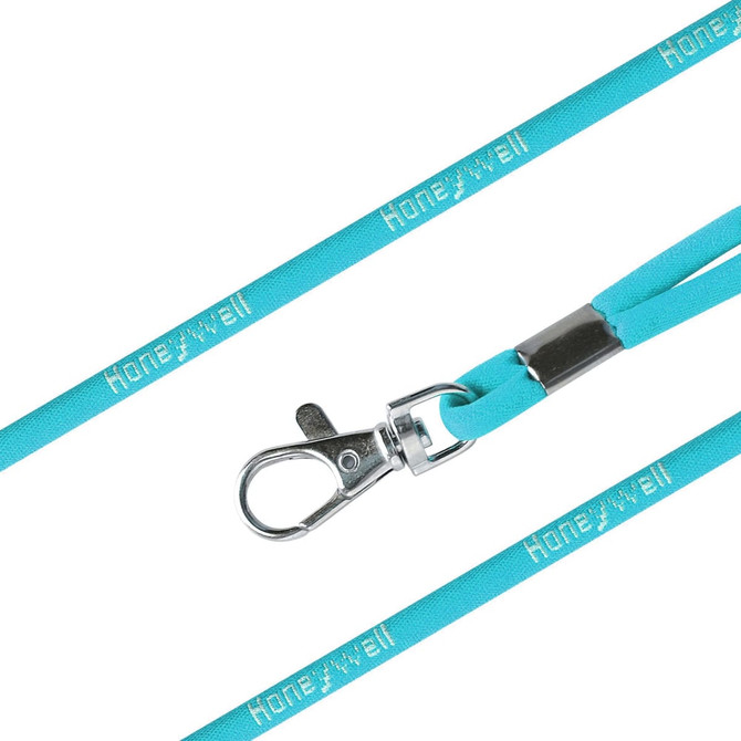 A turquoise poly rope lanyard with a metal clip and a branded logo.