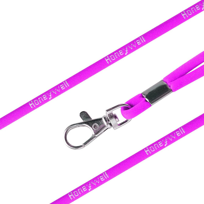 A vibrant pink poly rope lanyard with a metal clip and a branding logo.