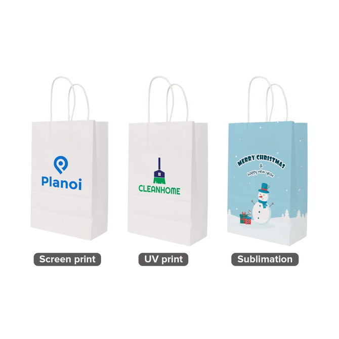 Three white kraft paper bags with twisted handles, featuring different printed designs and logos.