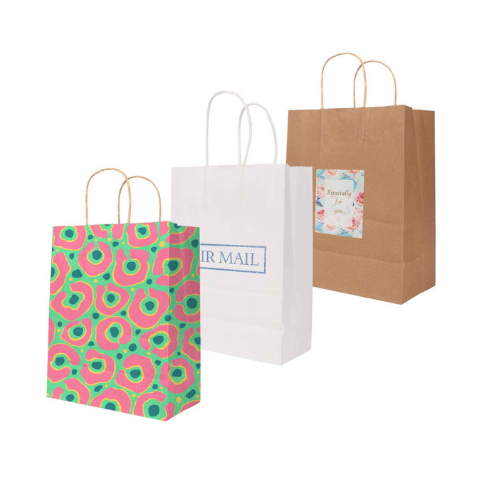 Three kraft paper bags with twisted handles: one brown, one white with a logo, and one patterned in vibrant colours.