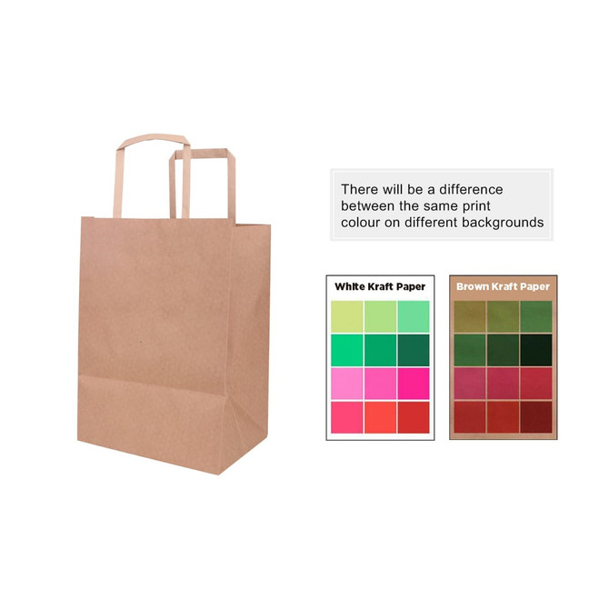 A brown Kraft paper bag with flat handles, featuring a colour comparison for white and brown Kraft paper.