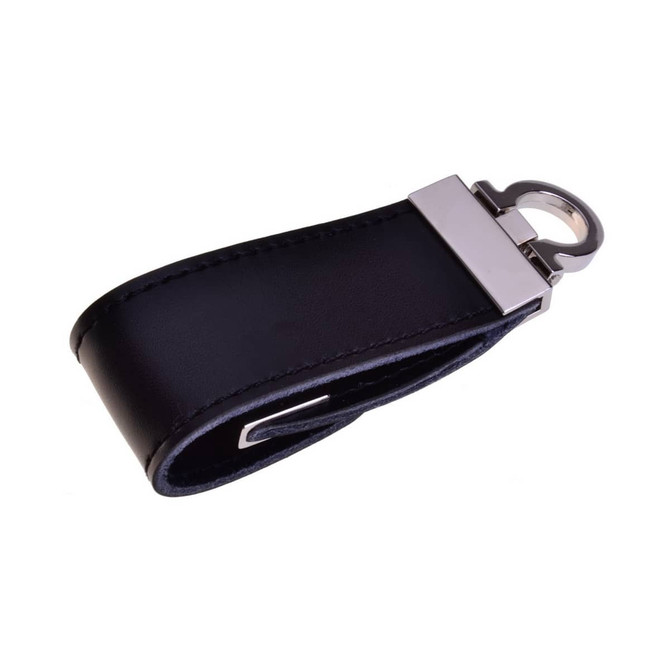A black leather flash drive with a metal clip attachment. It features a sleek design with a shiny finish.