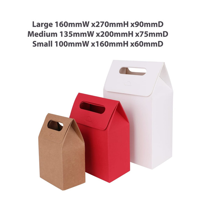 Three die cut handle bags in brown, red, and white, varying in sizes with dimensions listed above. One has a logo.