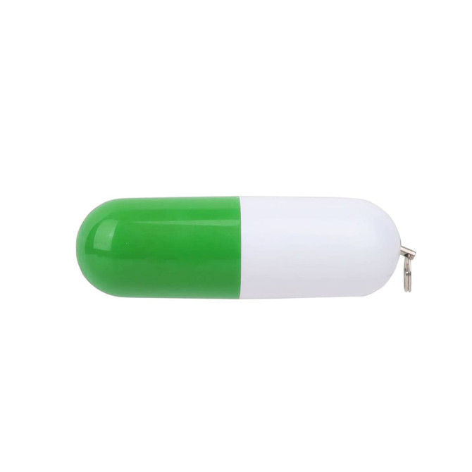 A green and white pill-shaped flash drive with a keyring attachment. It features a smooth, glossy finish.