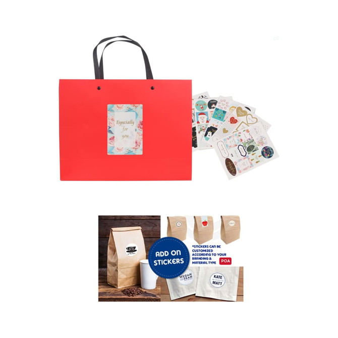 A red knitted handle bag with a laminated surface and assorted stickers displayed beside it.