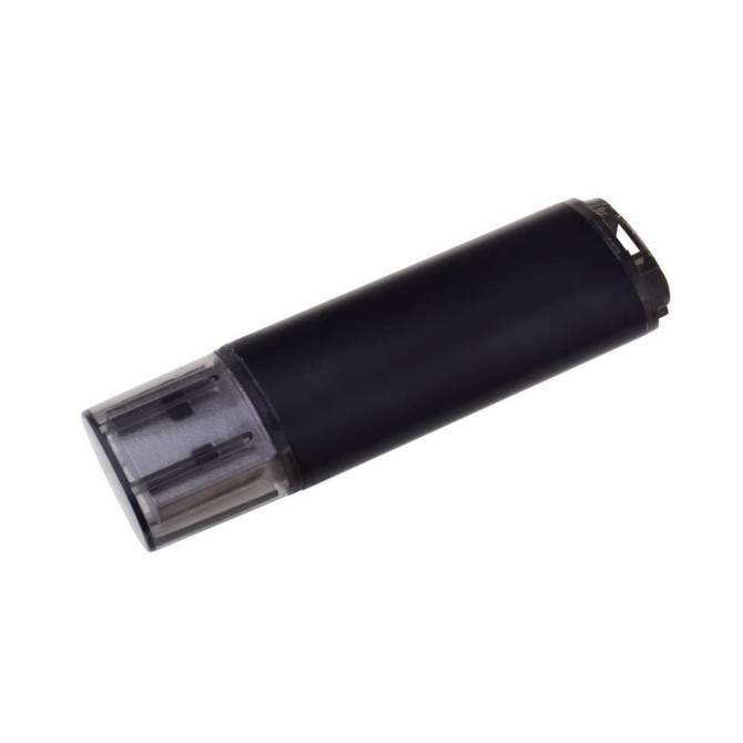 A black flash drive with a transparent end, featuring a logo and a sleek design for easy portability.