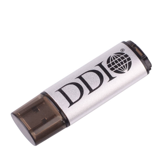 A silver and black flash drive with a semi-transparent cap and a logo design.
