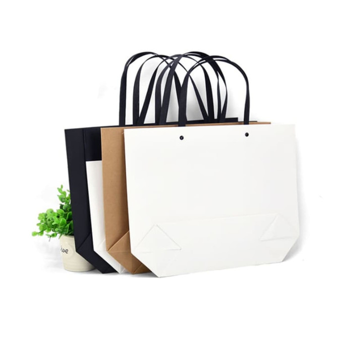 Three medium boutique paper bags in black, white, and brown with black handles, displayed alongside a small green plant.