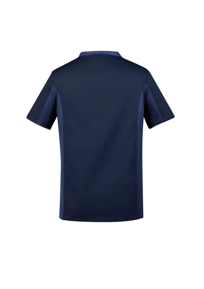 A short-sleeved navy blue scrub top with a contrasting design and a logo on the back.
