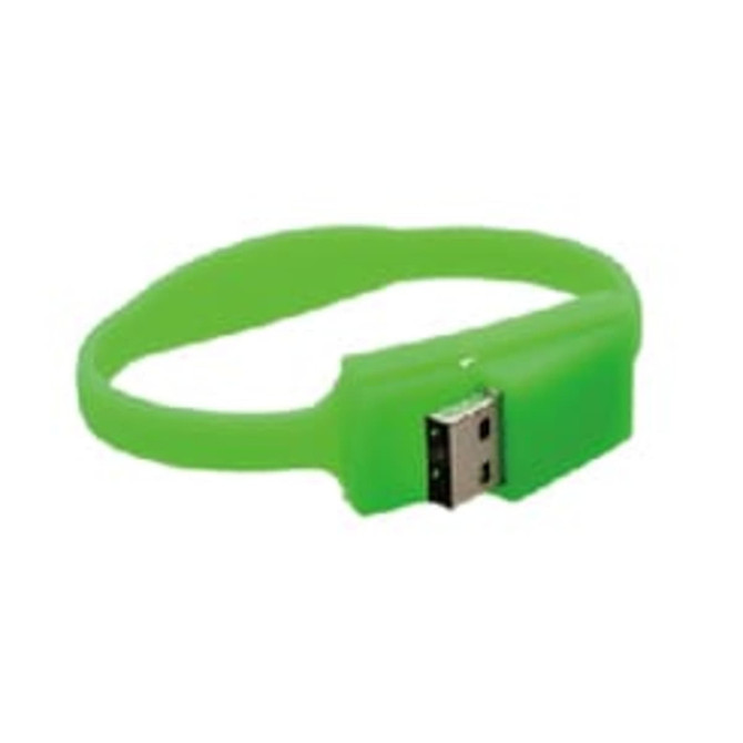 A green silicone wristband flash drive featuring a USB connector. The wristband has a logo on it.