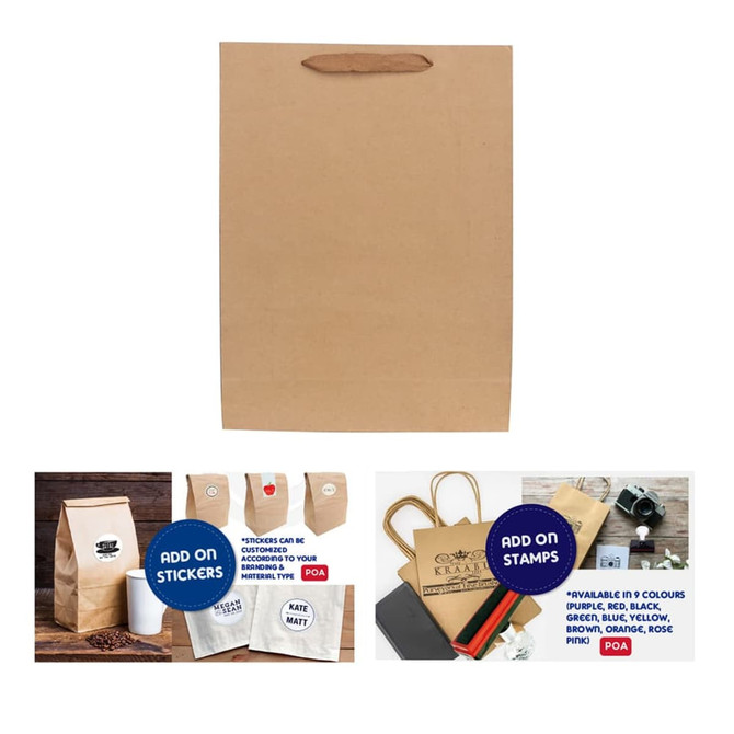 A large brown vertical paper bag with a fabric flat handle, featuring a logo on the front.