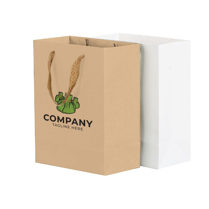 Two large vertical paper bags, one brown with fabric flat handles and a logo, and one plain white.