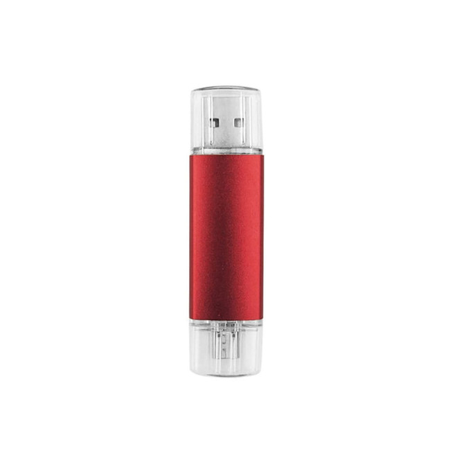 A red double-end flash drive with a clear casing, featuring USB connectors on both ends.